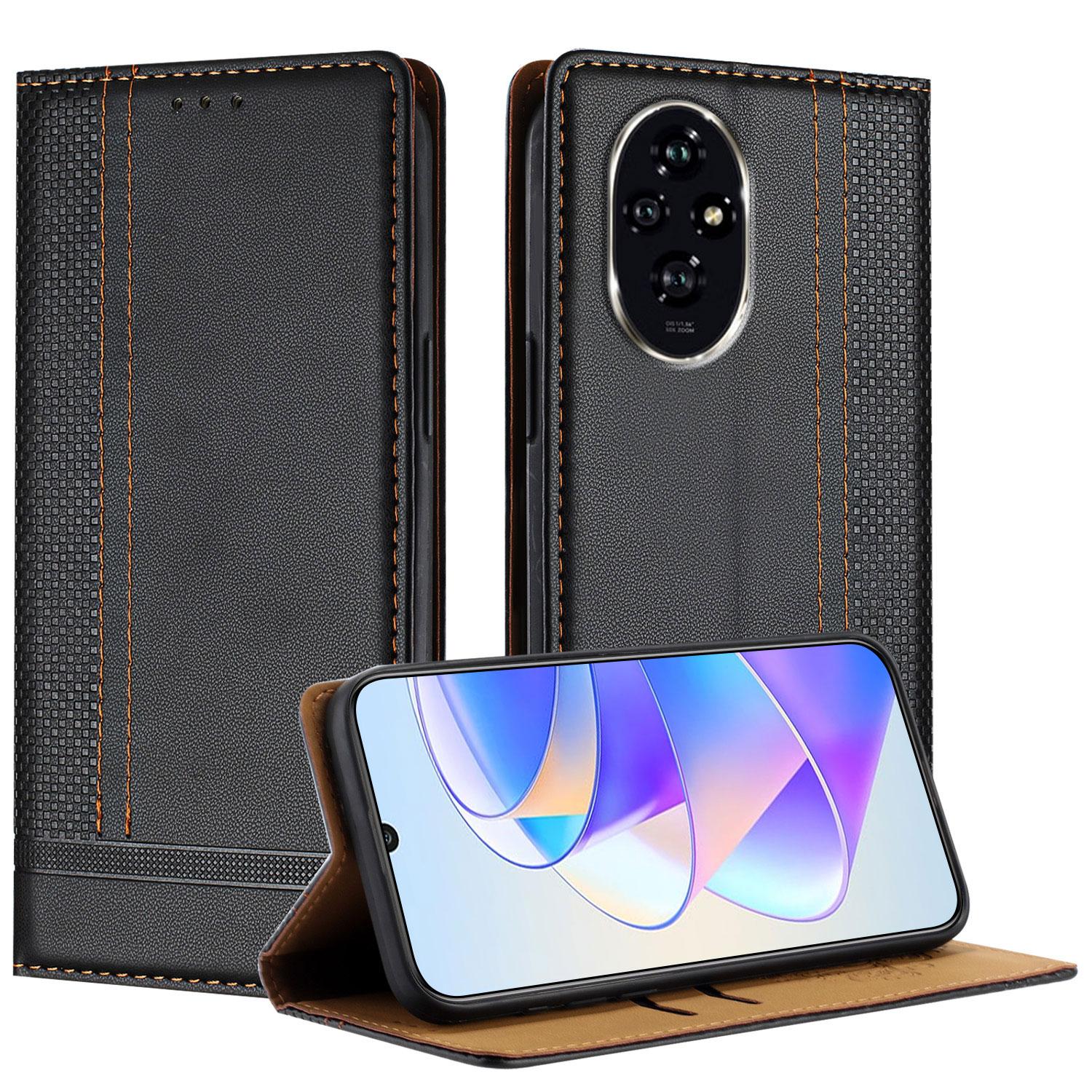 

For Honor 200 Pro 5G Case L-Shaped Grid Pattern Leather Stand Phone Cover with Card Slots Black