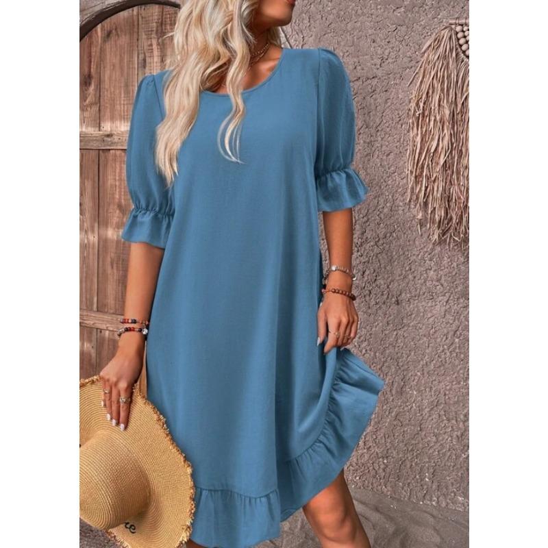 Spring and Summer Women's Vintage Mid-sleeved Round-neck Loose and Large-swing Dress