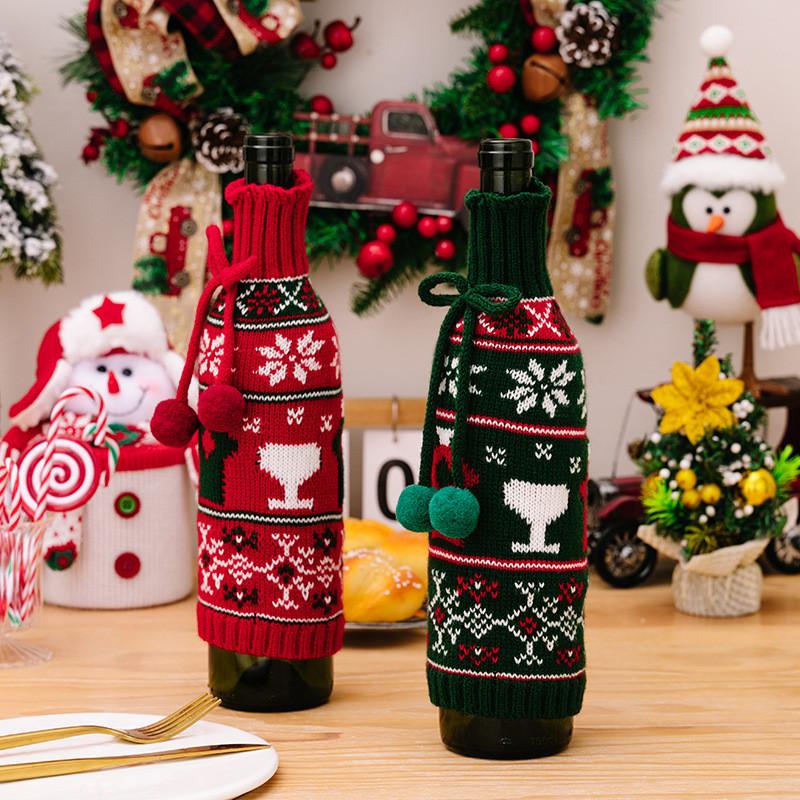 Cozy Knitted Christmas Wine Bottle Cover With Bright Bow And Cheerful Pom Poms For Parties