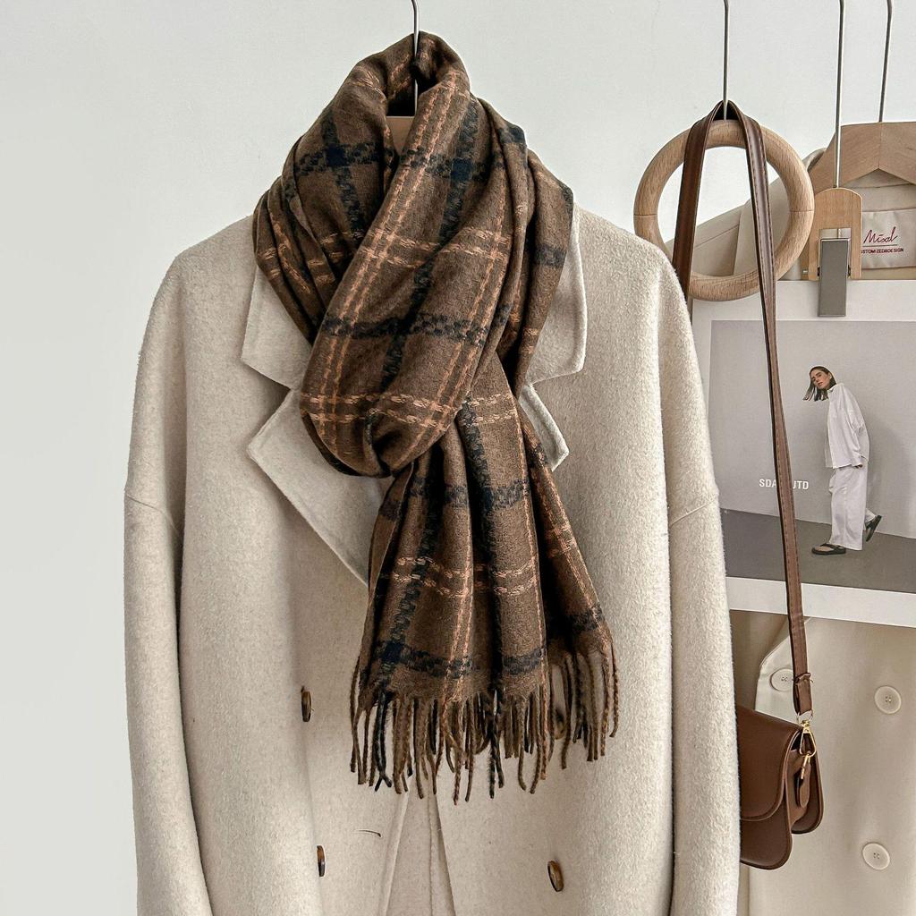 Women's Winter Plaid Imitation Cashmere Tassel Scarf, Thickened Korean Style Neck Warmer