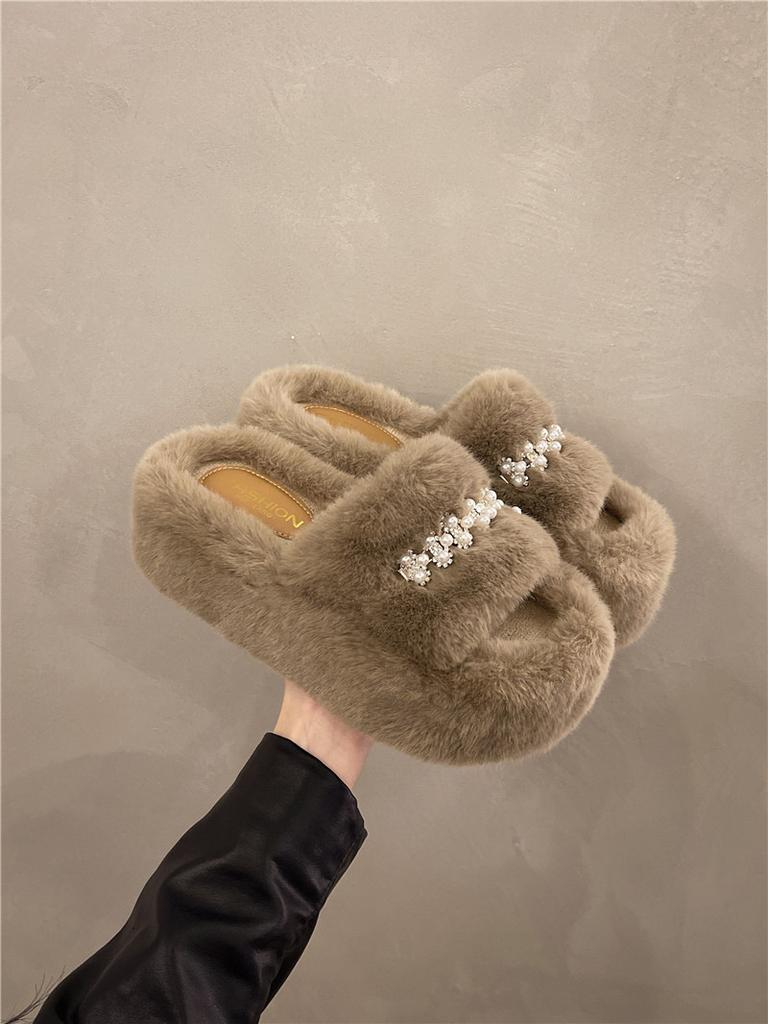 Thick-bottomed fluffy slippers for women to wear 2025 new autumn and winter Internet celebrity rhinestones with heightening home cotton slippers