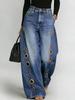 Women's Washed Blue High-Waist Metal Grommet Wide Leg Jeans Casual Loose Fit Streetwear Pants Casual Trousers
