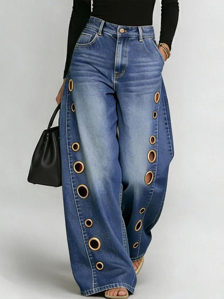 Women's Washed Blue High-Waist Metal Grommet Wide Leg Jeans Casual Loose Fit Streetwear Pants Casual Trousers