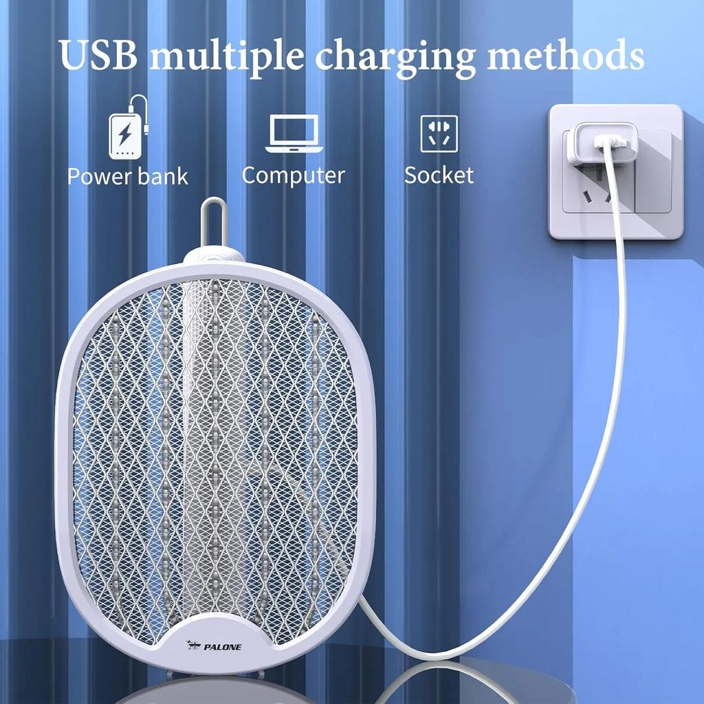 Electric Fly Swatter Upgraded Foldable Bug Zapper Racket USB Rechargeable 4000V Mosquito Insect Killer for Indoor Outdoor