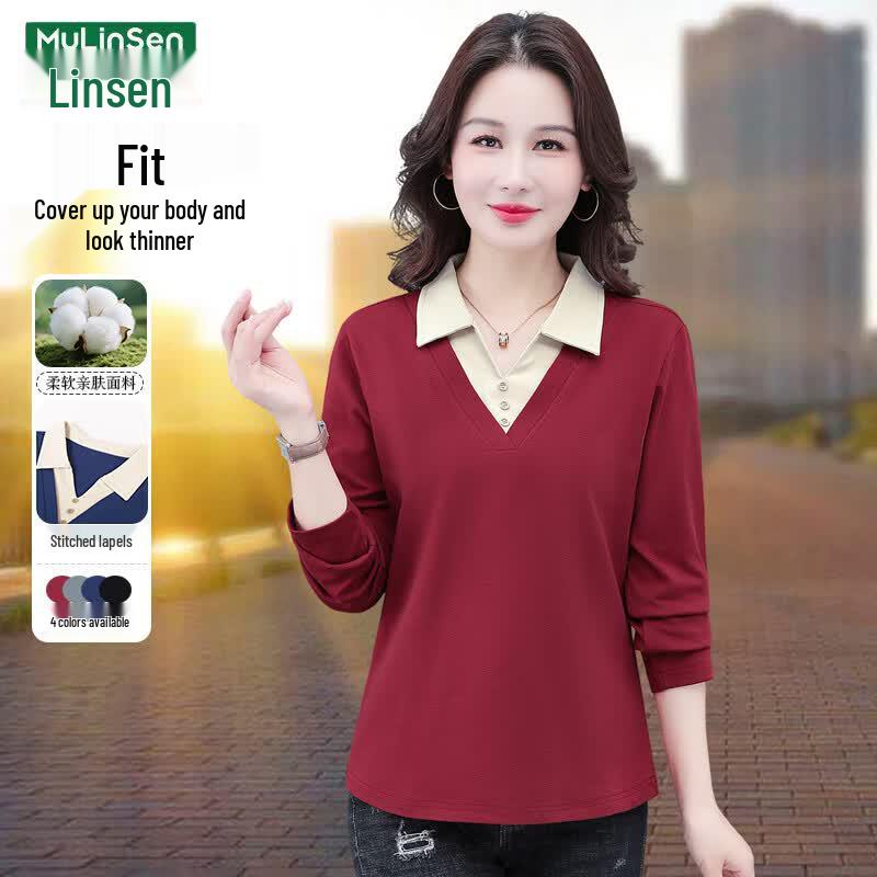 MULINSEN Women s Lapel Faux Two-Piece Long-Sleeve T-Shirt L