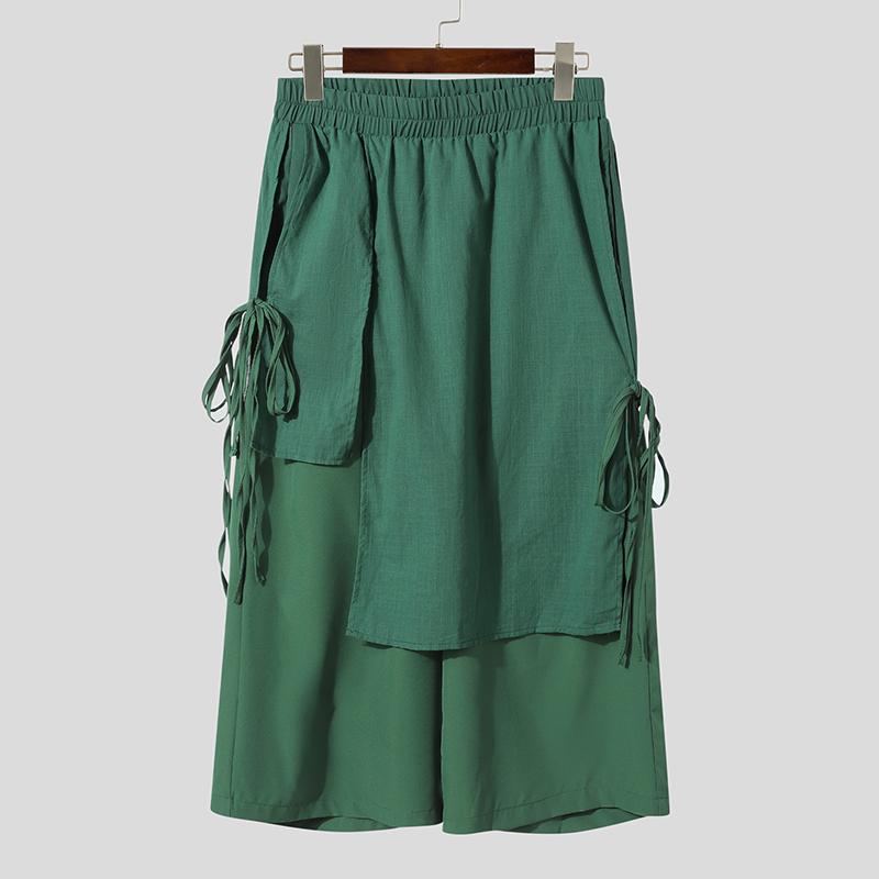 INCERUN Men Solid Color Casual Pants Joggers Elastic Waist Loose Irregular Skirt Trousers Men Streetwear Harajuku Cropped Wide Leg Pants