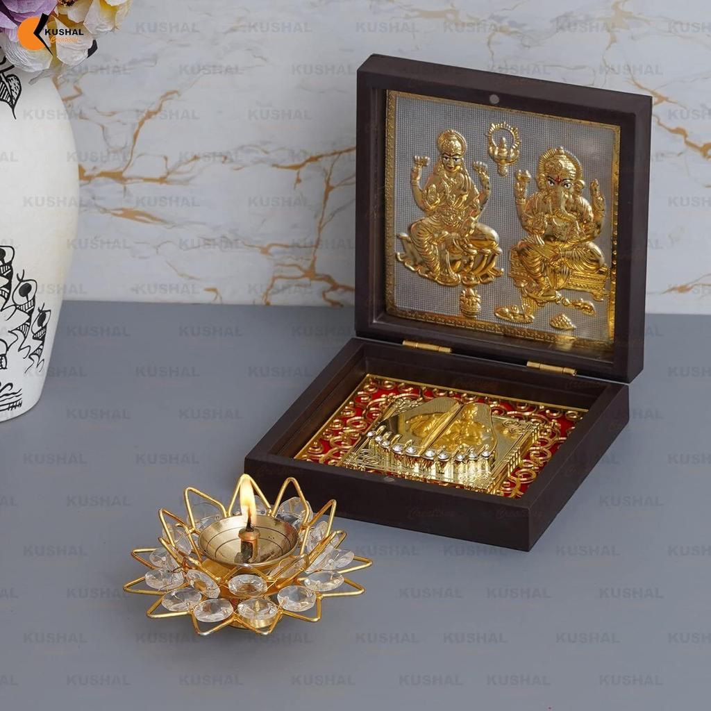 24K Gold Plated Laxmi Ganesha Photo Frame Charan Paduka Square Crystal Diya