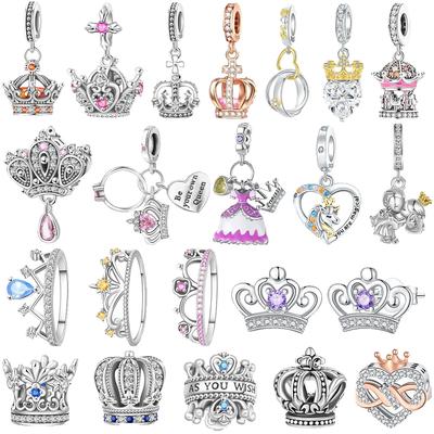 Original Copper Princess Crown Charm Bead Ear Stud Ring Pendant Fit Necklace Bracelet Women Jewelry Diy Gift