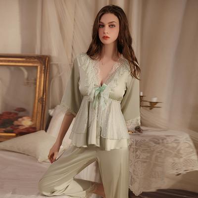 New Pajama Set Women's Home Wear Autumn Satin Lace Deep V Pleated Waist Top Pants Women's Sweet Girls Pajamas Women