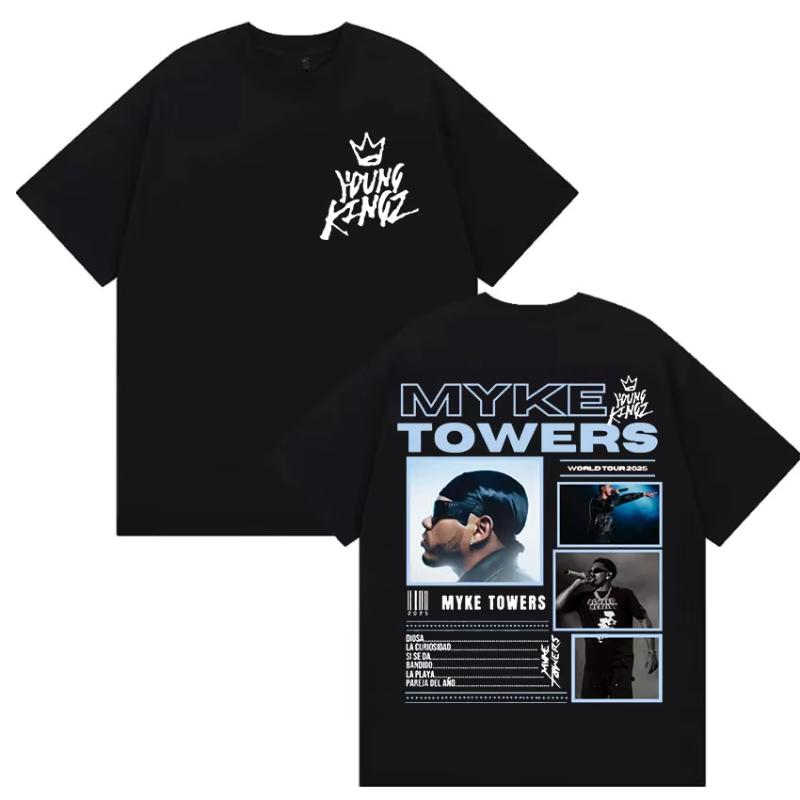 Unisexs hiphop style Gothic clothing Tshirt casual cotton short sleeved Tshirt rapper Myke Towers world tour Merch TShirt S