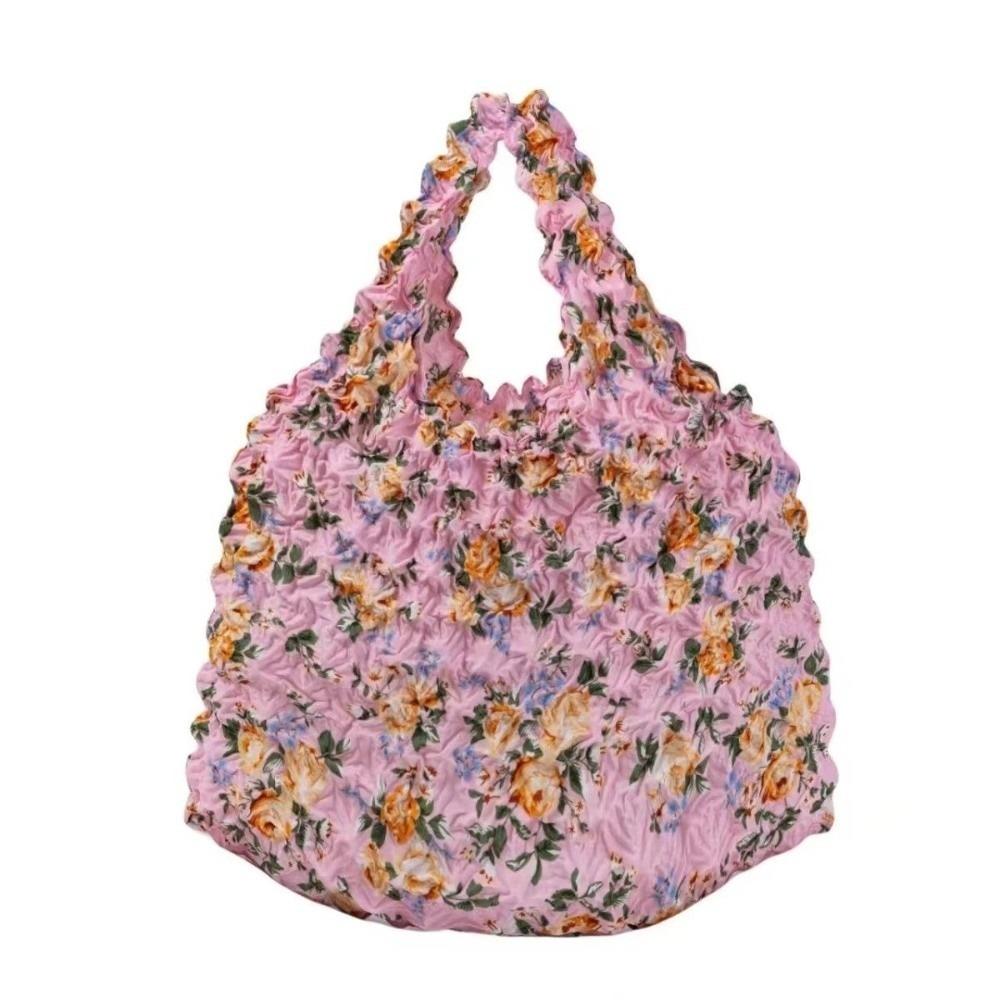Portable Floral Pattern Bubble Bag Foldable Handheld Tote Bag Expandable Machine Washable Handbag for Travel