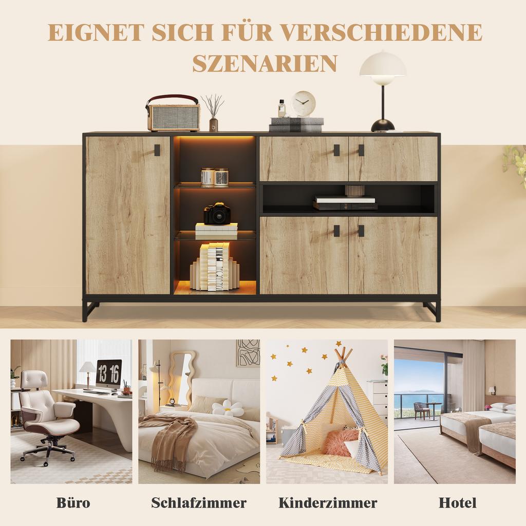 Modern minimalist storage cabinet with double doors, open shelf, glass shelves and interior partitions for living room, dining room and office.