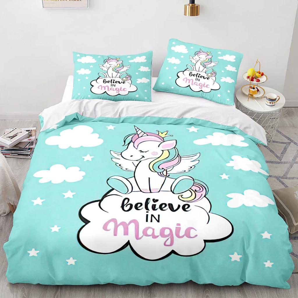 Poszwa na kołdrę Jednorożec King Queen Uroczy Biały Kreskówkowy Zwierzę Pościel Zestaw Dzieci Chłopcy Dziewczynka Zachodni Bajka Poliester Poszwa na kołdrę