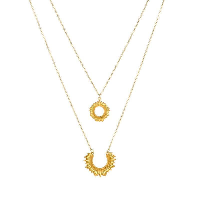 Gold Plated Stainless Steel Layered Sunburst Pendant Necklace for Women