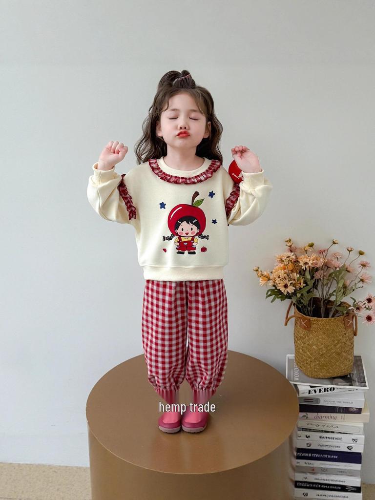 Girls' Plaid Pants Set - Spring/Autumn 2025 Collection - Trendy Apple Design Outfit