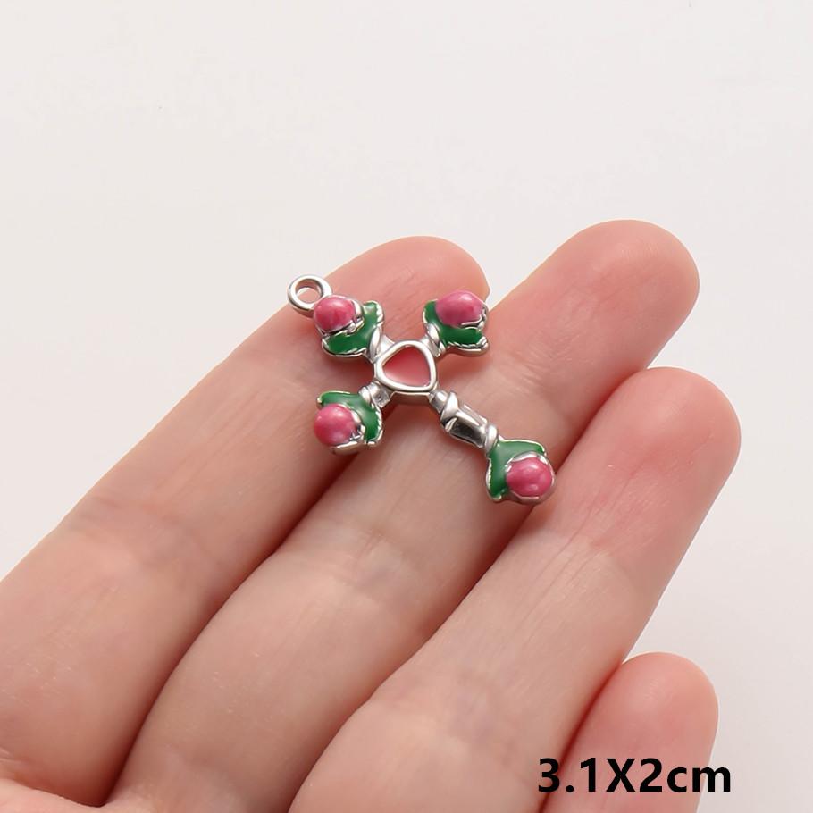 3pc Girl Pendant Hot Pink Oil Dripping Stainless Steel Plant Tree Flower Charm Pendants For Jewelry Making Supplies DIY Keychain