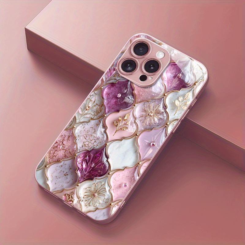 Plaid Flower Pattern Pink Metallic Paint Glass Hard Phone Case For iPhone 17 15 16 Pro Max 11 12 13 14 Plus 16E 17Air Cover