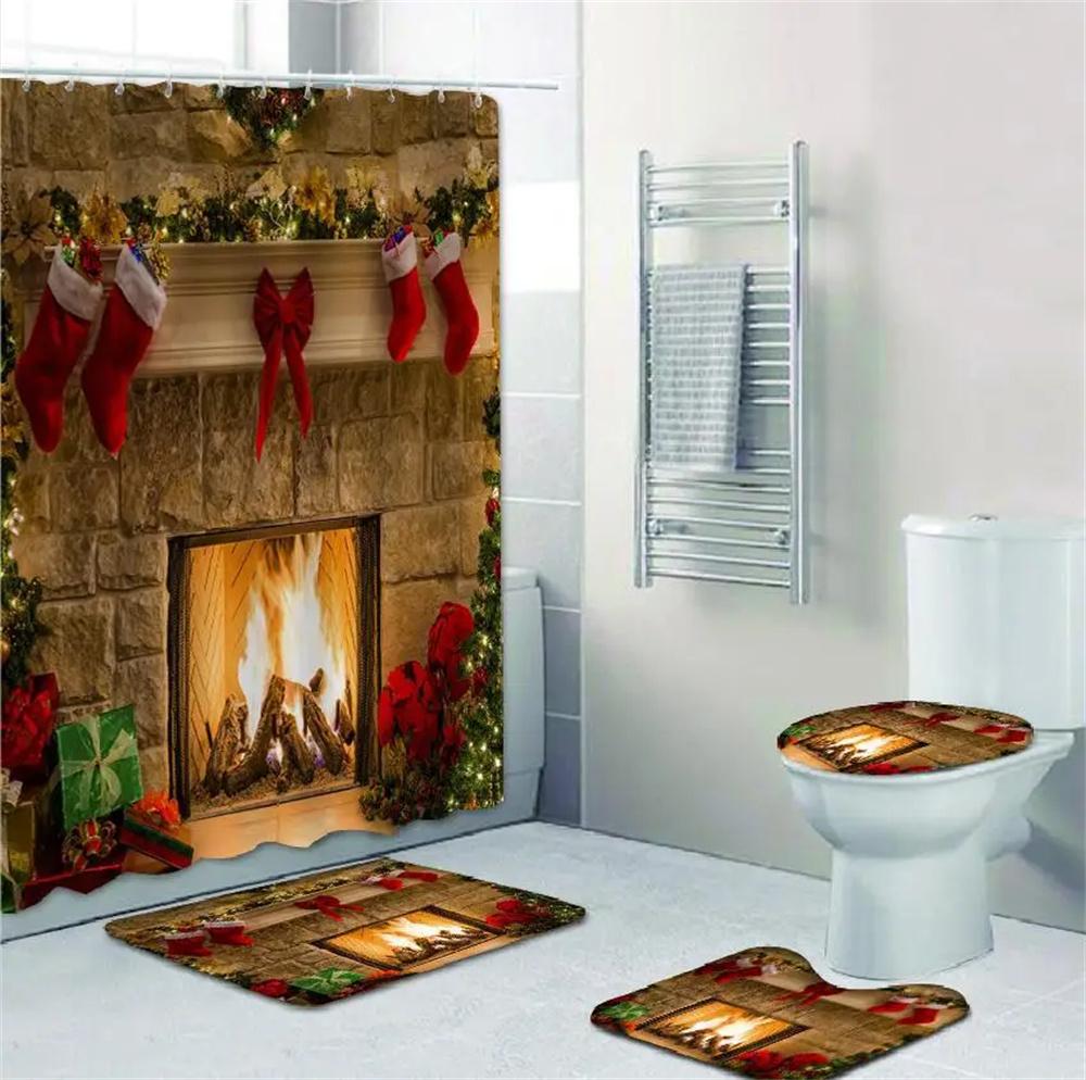 Merry Christmas Cartoon Shower Curtains Washable Fabric Polyester For Bathtub Art Bathroom Decor Partition With Hooks Waterproof