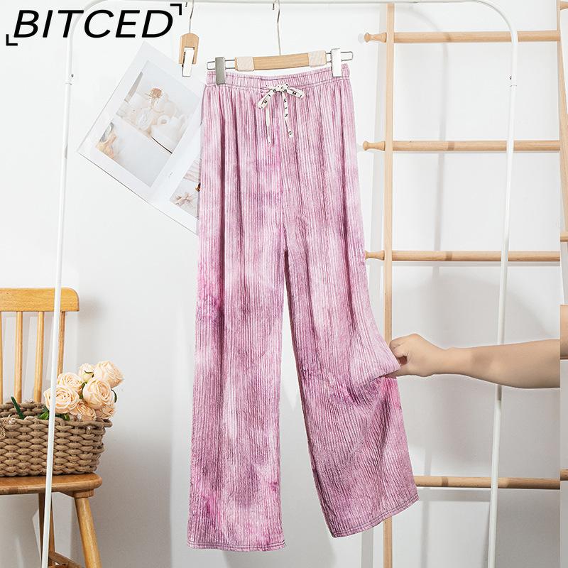 BITCED Tie-Dye Ice Silk Wide-Leg Trousers for Women Summer Lightweight High-Waisted Drape-Effect Colour-Printed Pleated Casual Floor-Length Trousers