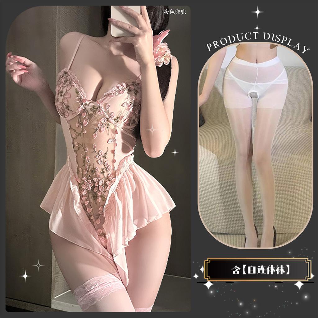 Sexy underwear suspender embroidered tight onesie pure desire tie slim gathering floral mesh strap set