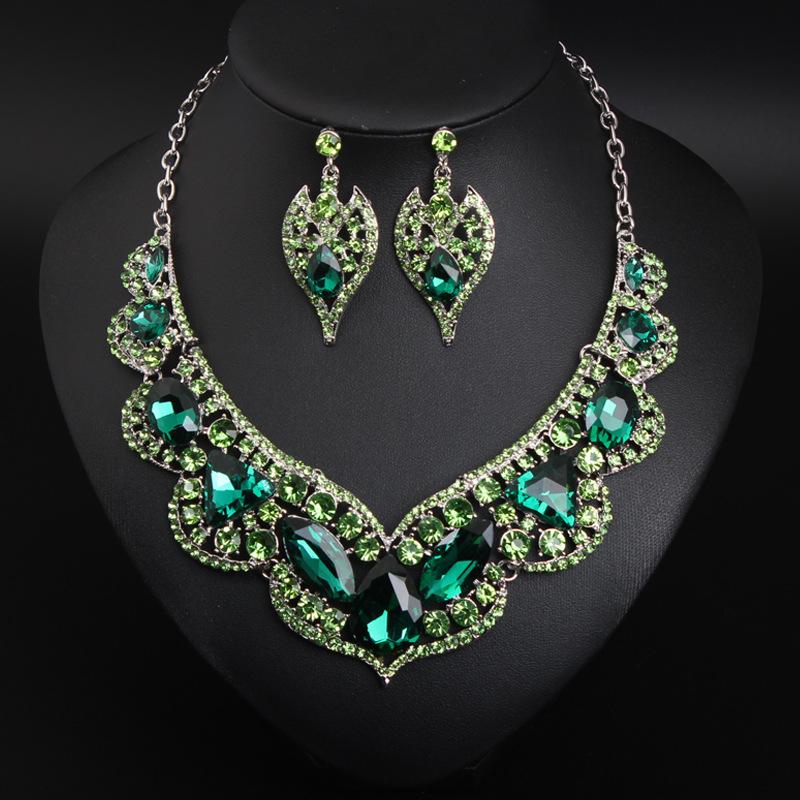

Exaggerated Ruby Clavicle Necklace Earrings Set Bridal Dress Women S Jewelry зелений