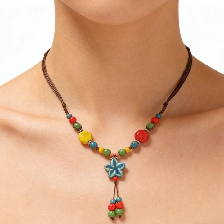 Delicate Ceramic Flower Beaded Necklace Handcrafted Retro Long Sweater Chain For Various Occasions