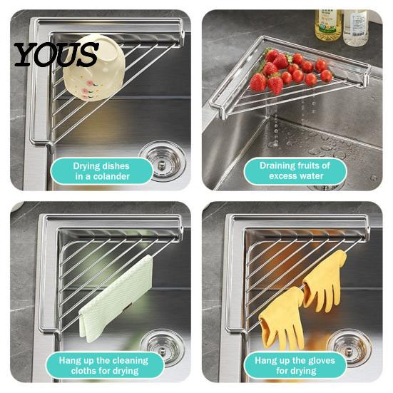 Sink Caddy for Sponges Corner Shelf Triangular Storage Rack, Stainless Steel Hollow Mesh Rack Dish Stable Space Saving Sponge Holder Kitchen