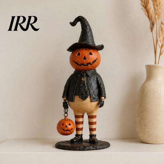 Retro Wizard Pumpkin Statue Witch Figurine, Spooky Halloween with Lantern, LED Lighted Night Lamp Vintage Gothic Resin for Tabletop Mantel Shelf Decor