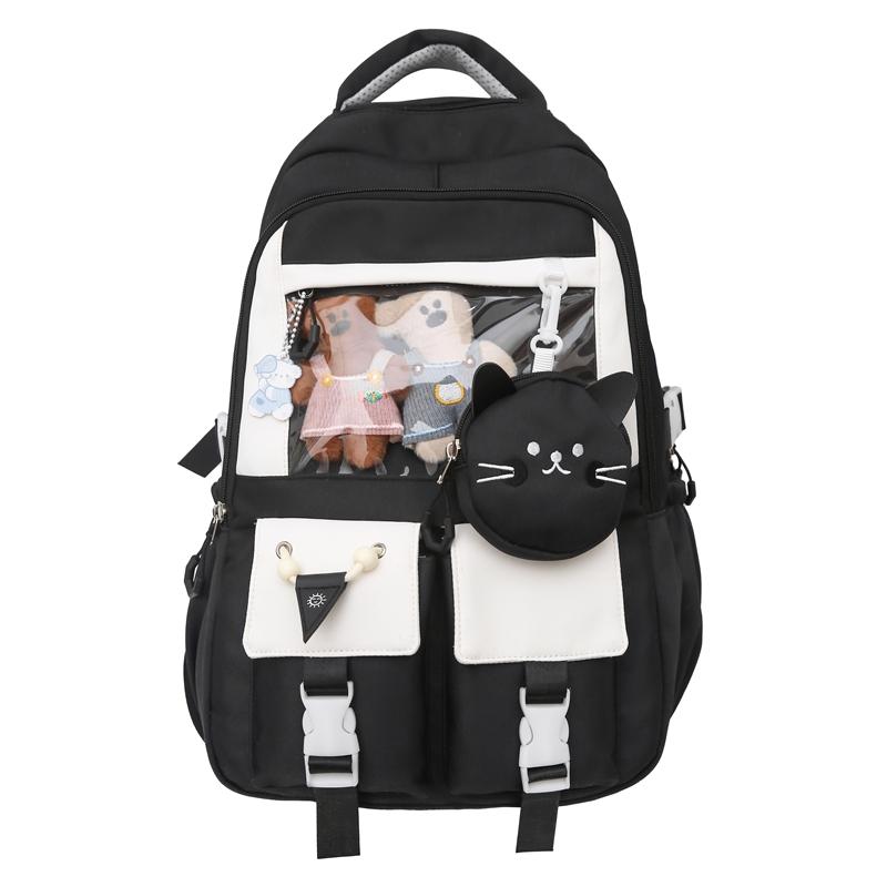 

Большая вместимость школьного рюкзака для женщин с рисунком кошки, контрастный цветной рюкзак с кошельком для монет чёрный