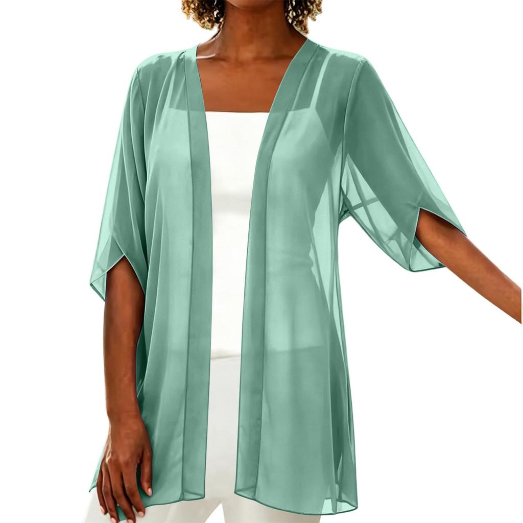Women's Color 3/4 Sleeve Chiffon Cardigan - Lightweight Summer Loose Fit Open Front Casual Outerwear for Women