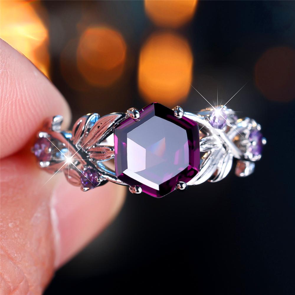 Trendy Crystal Purple Zircon Stone Vintage Silver Color Wedding Bands Engagement Rings For Women Men Minimalist Jewelry