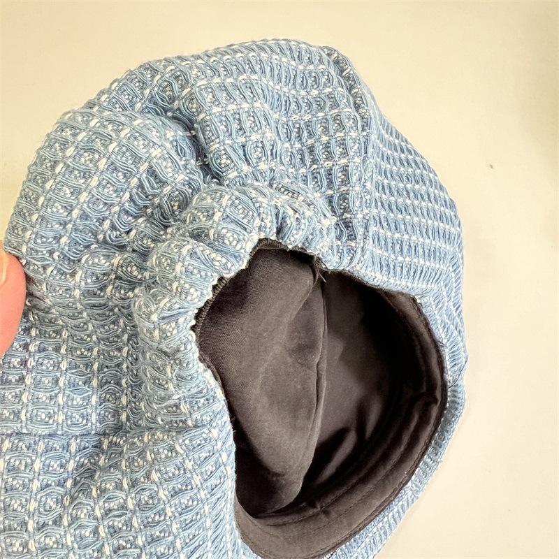 New plaid denim beret women's spring and autumn trend versatile octagonal pumpkin hat couple painter hat