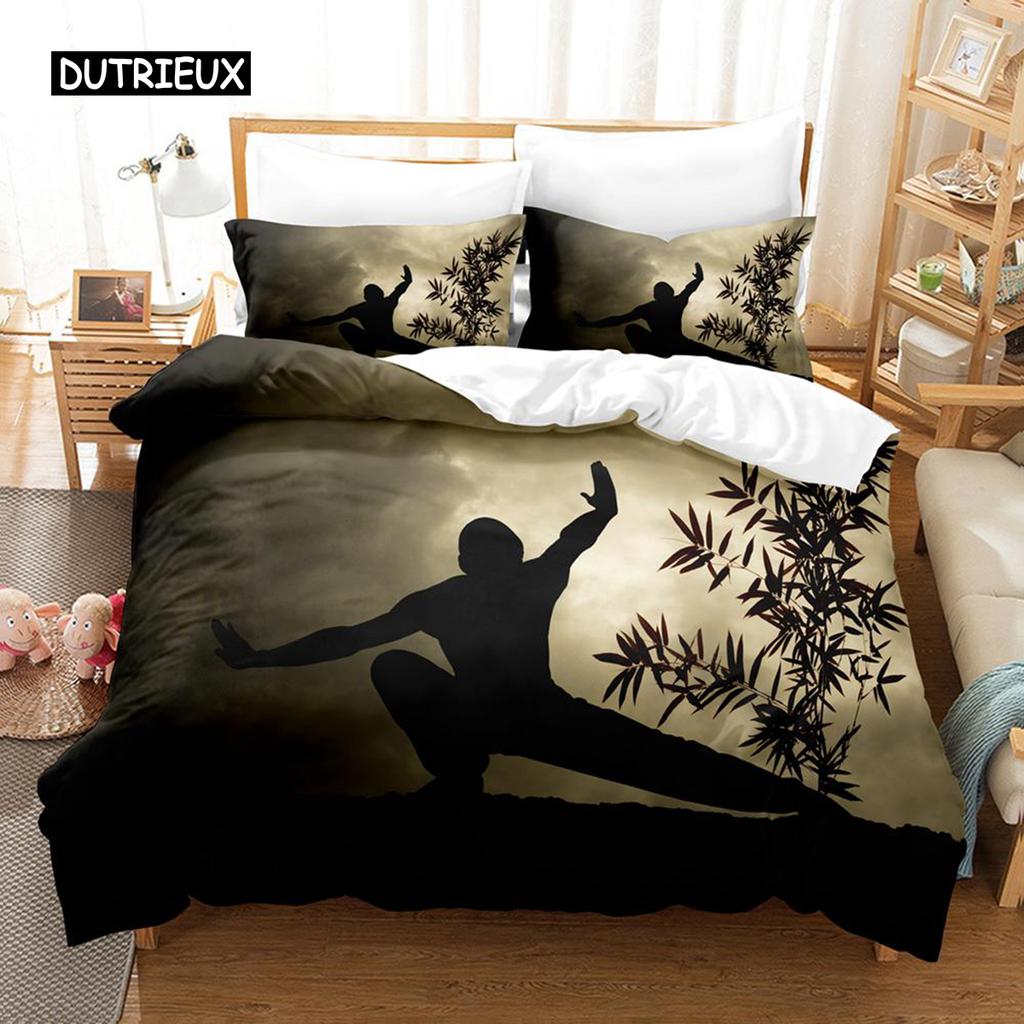 Kung Fu Duvet Cover Set King Size Sunset Martial Art Men Silhouettes Bedding Set For Teen Boy Polyester Sports Theme Quilt Cover