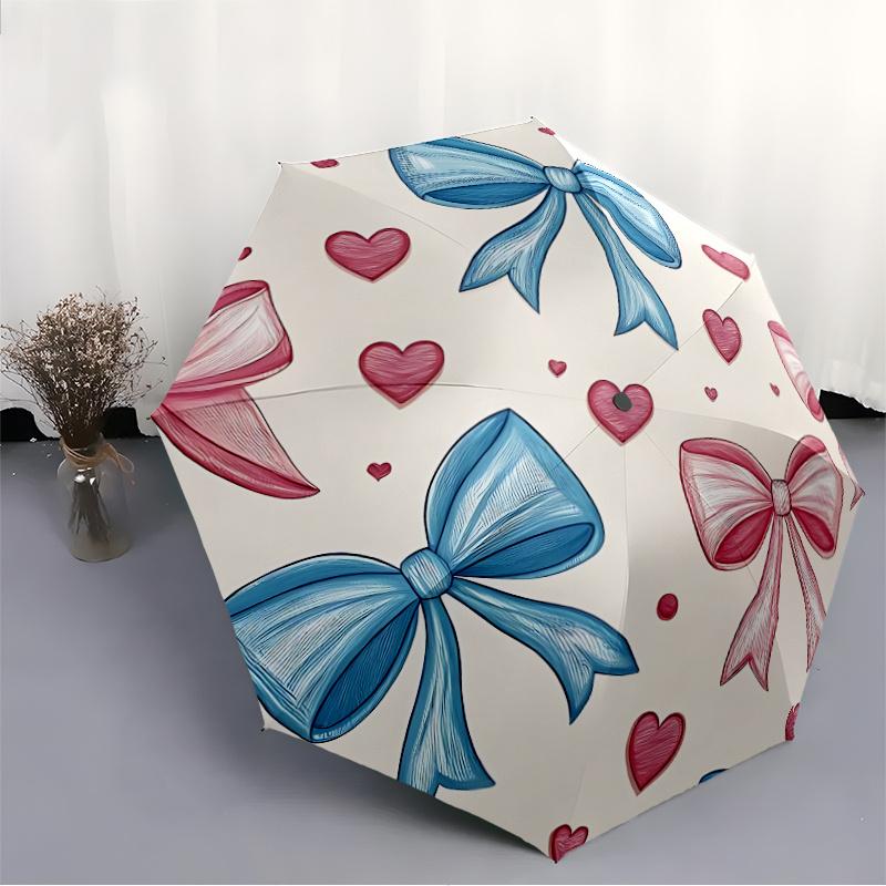 1pc Bows Hearts Automatic Folding Umbrella - Compact 8-Rib Design, Durable Plastic & Iron, Festive Gift, Compact Umbrellan026