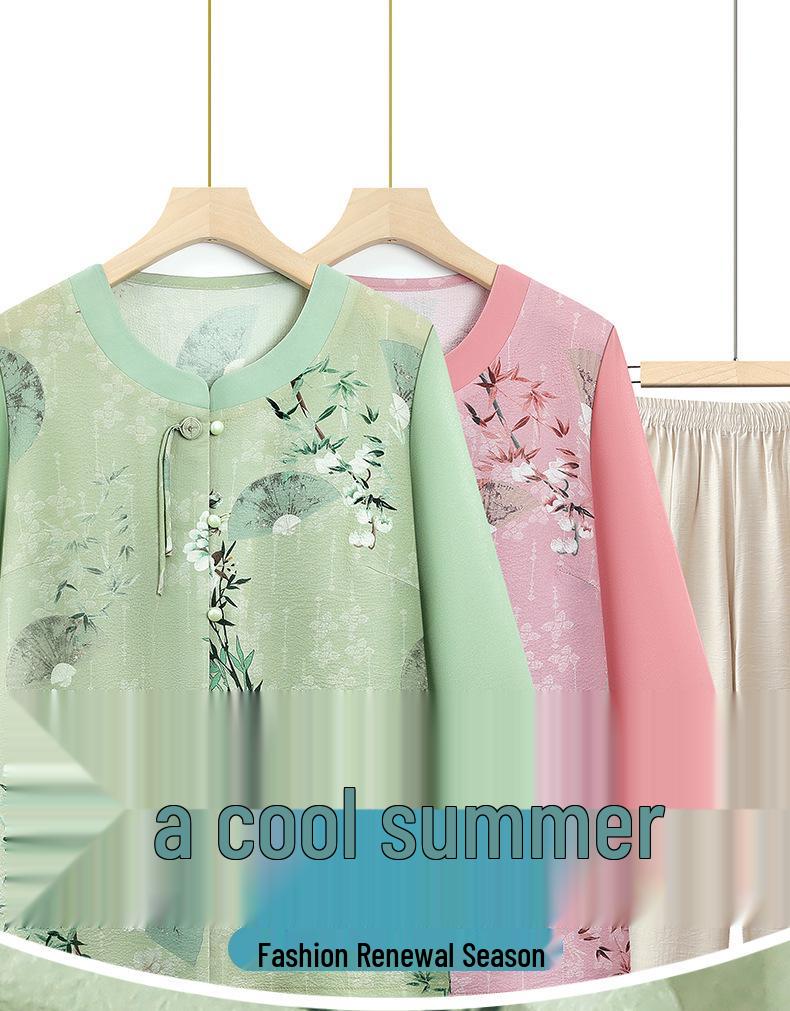2026 Chinese-Style Two-Piece Set for Grandma: Lightweight Summer Outfit with Seven-Sleeve Top for Moms