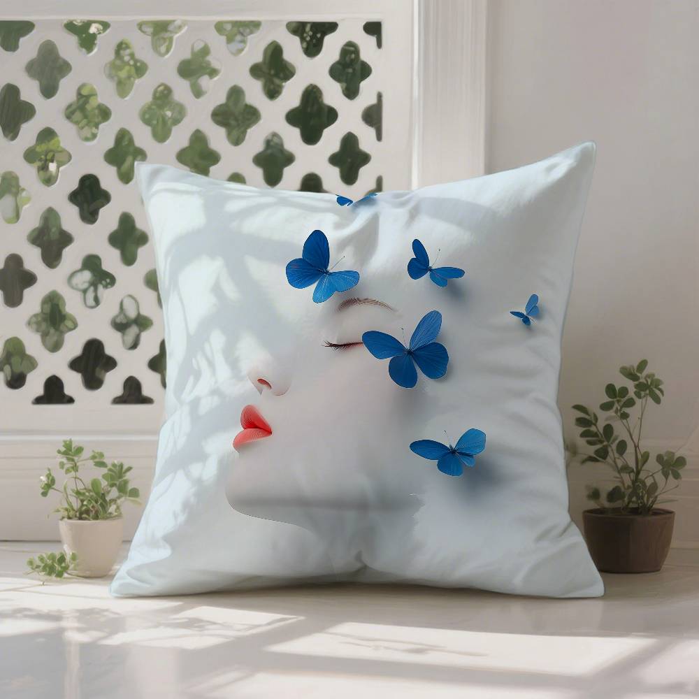 Girl with Blue and Lips Pillow Case Anti-dustmite Pillowcase Invisible Zipper Silky Short Plush Sofa Cushion Cover