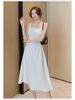 Women's French-Style White Suspender Dress - Summer Cool, Square Neck, Slim Waist, A-Line Long Skirt