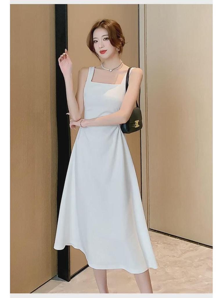 Women's French-Style White Suspender Dress - Summer Cool, Square Neck, Slim Waist, A-Line Long Skirt