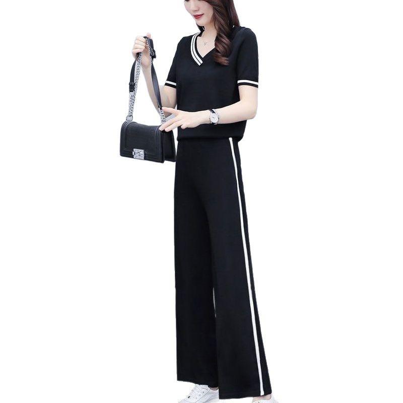 Summer Sports Suit for Women, Fashionable, Slim, Short-sleeved, Wide-leg Pants, Casual Two-piece Set