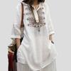 Vintage Summer Women's Cotton Linen Blouse Embroidered Loose Oversized Shirt Round Neck T-Shirt