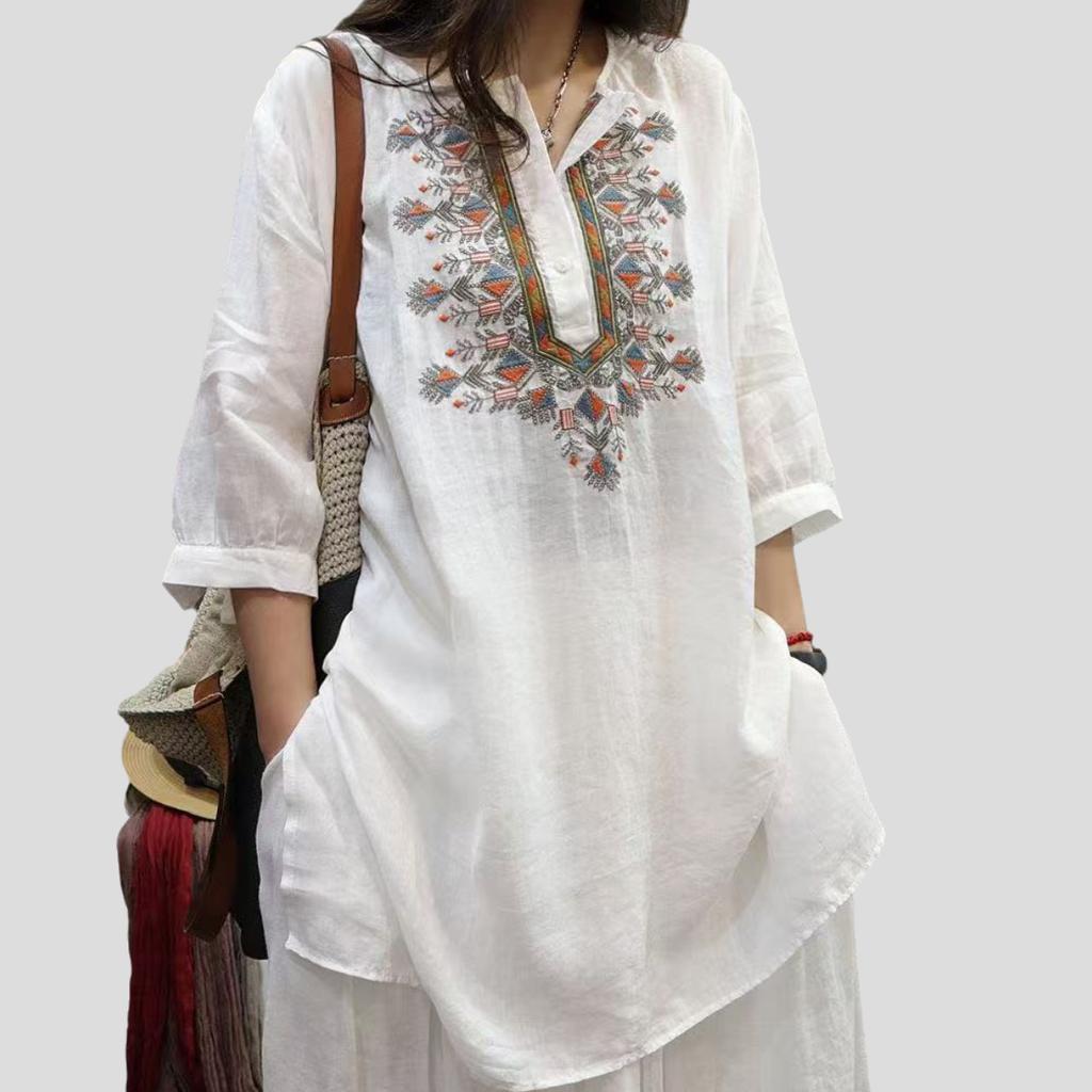 Vintage Summer Women's Cotton Linen Blouse Embroidered Loose Oversized Shirt Round Neck T-Shirt