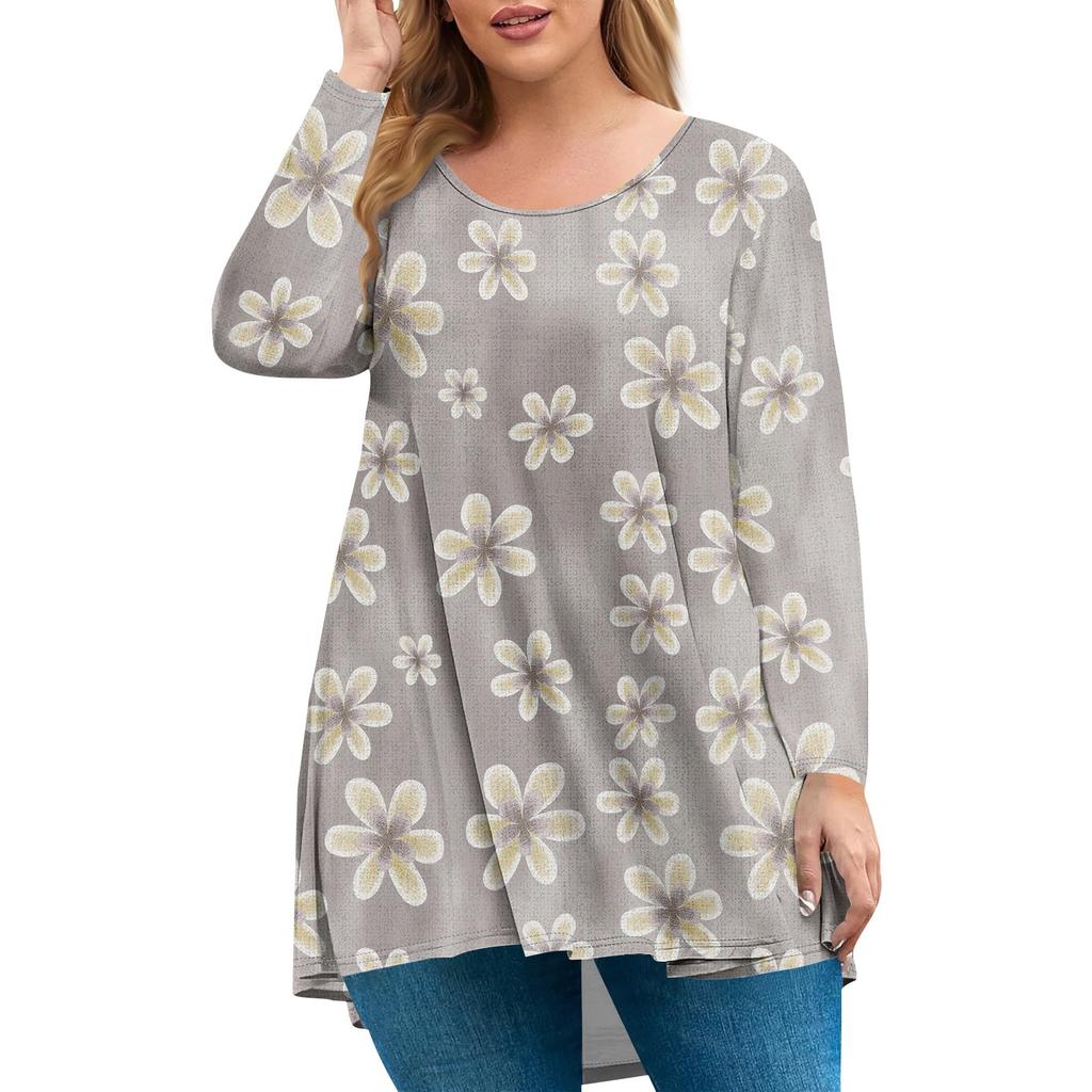 Women's Plus Size Top, Garden Collar Long Sleeved Shirt, Fashionable Floral Print Casual Top