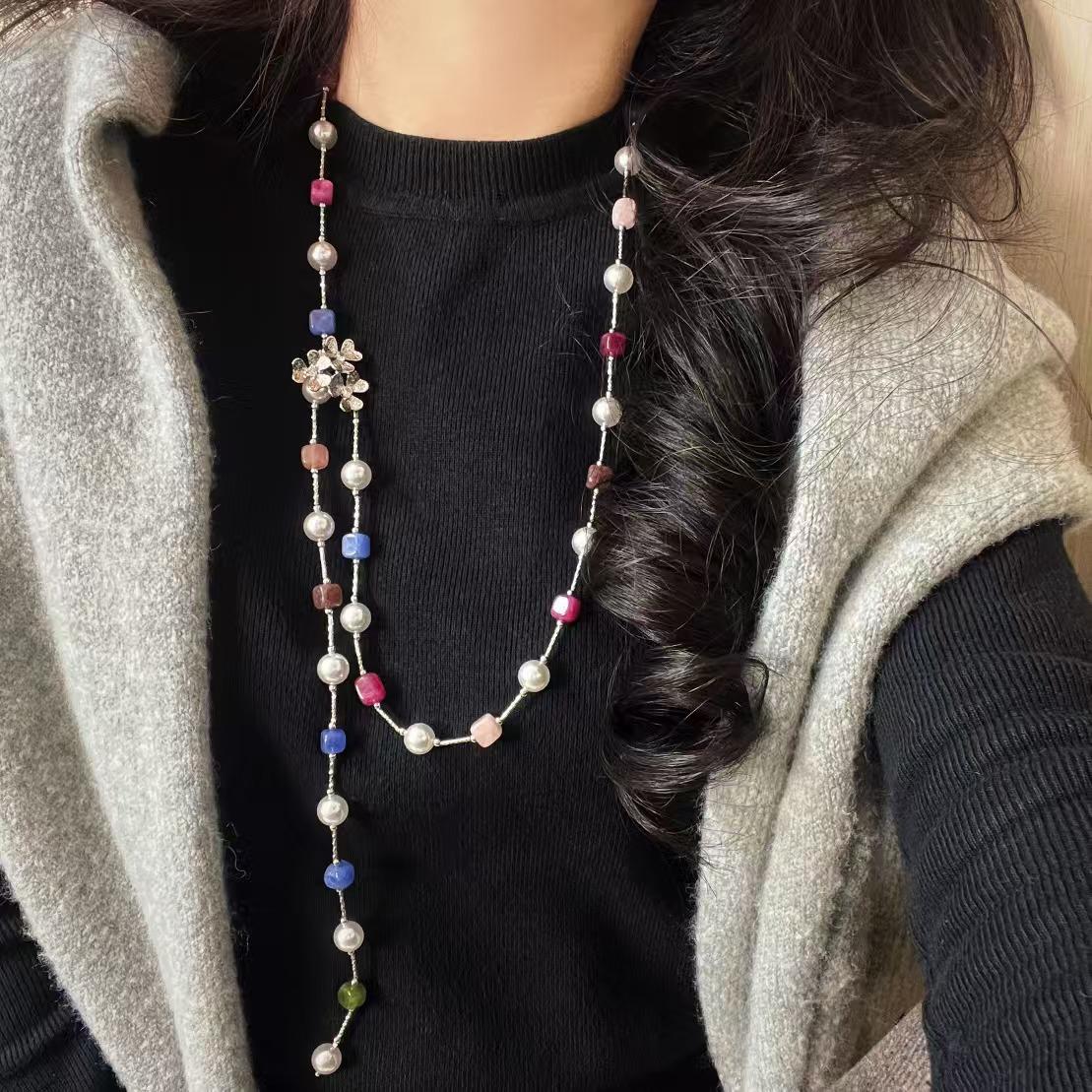 Retro Natural Sugar Cube Chalcedony Agate Artificial Crystal Pearl Various Ways To Wear Sweater Chain Necklace