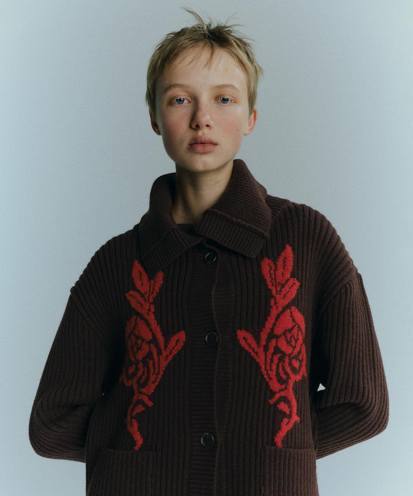EN OR Marine Collar Jacquard Cardigan - Brown