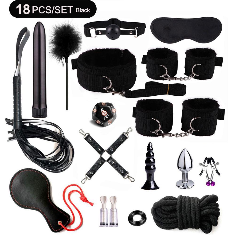 BDSM Adult Sexy Toys For Women Handcuffs Whip Anal Nipple Clamp Blindfold Strap On Vibrator Sex Bondage Set Sexual Couples Kit18