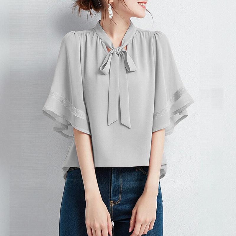 

ZANZEA Женская свободная повседневная блузка с коротким рукавом, круглым вырезом и бантом-галстуком серый