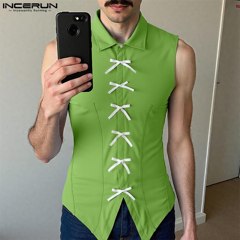 INCERUN Men Lapel Neck Sleeveless Button Up Bow Casual Loose Tank Tops