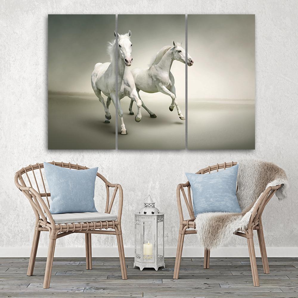 Three Piece Picture Canvas Print White Horses Galloping