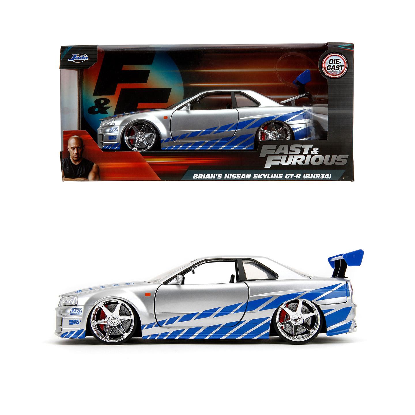 

JADA 1:24 Fast & Furious Nissan Skyline GT-R R34 Die-Cast Model - Iconic Silver & Blue Skyline with Opening Doors JD97158