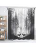 Forest Deer Shower Curtain Grey Foggy Montains Pine Tree Wildlife Elk Moose Hunting Outdoor Rustic Cabin Lodge Nature Landscape